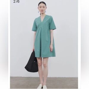 COS Pleated V Neck Dress Short Sleeve Cotton Teal Green 4